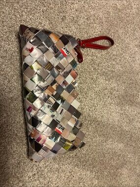 Nahuii Ollin Multicolor Woven Pouch Wristlet with Red Strap